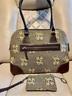 Dooney & Bourke Beige Canvas Satchel with Brown Trim and Logo Print